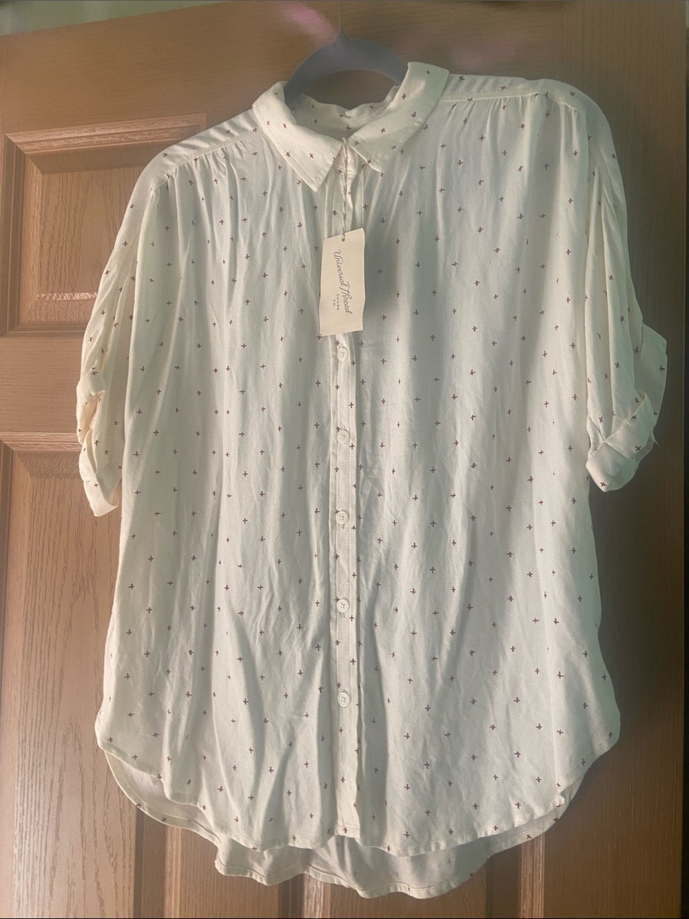 Universal Thread Cream Short-Sleeve Button-Down Shirt with Tiny Dot Motif